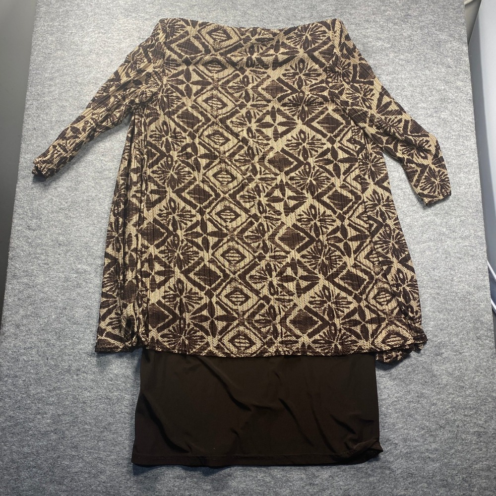 R&M Richards Womens Brown Geometric Mock Jacket Dress Size 10 Midi Layered Look - Picture 2 of 7